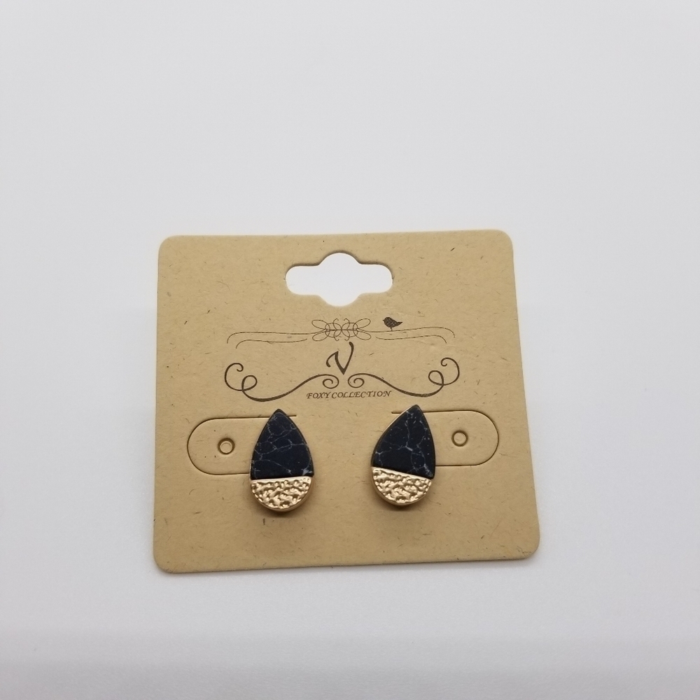 Foxy Collection gold tone and black marbled teardrop earrings new on card